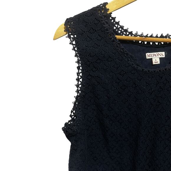 Merona Womens Navy Lace Top L Lined Crochet Overlay Cottagecore Boho Cowgirl - Picture 5 of 10